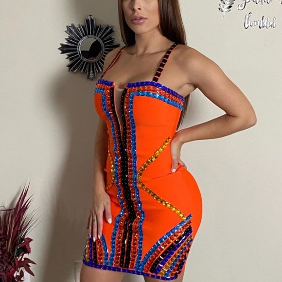 Bodycon Orange Bandage Beaded Dress - Picture 2 of 3